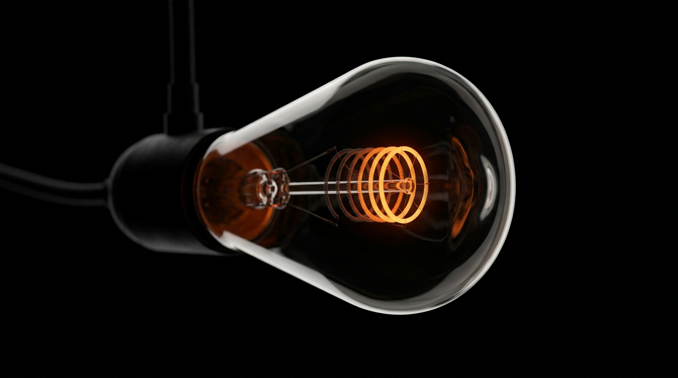The image captures a clear glass Edison bulb just as it powers on, with the filament transitioning from cold to a deep orange glow. The intricate coiled design of the filament is visible within the dark glass, while the bulb is suspended from a black cord against a pure black background, emphasizing the emerging light.