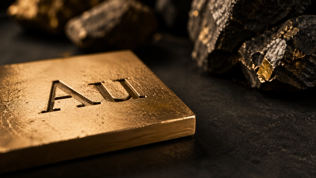 The image features a gold ingot marked with the symbol 'Au', positioned next to raw gold ore. The contrasting textures of the smooth ingot and the rough gold ore are highlighted against a dark background, emphasizing the theme of precious metals.