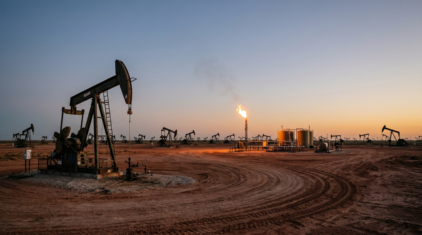 The image captures a dense field of pump jacks in the Permian Basin during the early morning hours. The foreground features a detailed pump jack with a gas flare, while numerous units operate in the background, silhouetted against a warm, pale orange sky. The landscape is characterized by flat terrain and a graded dirt road lined with recent tire tracks, emphasizing the industrial presence in an expansive natural setting.