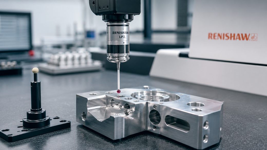 The image depicts precision measurement equipment used in a manufacturing setting. A Renishaw probe is poised over a machined metal part, showcasing advanced metrology techniques in action.