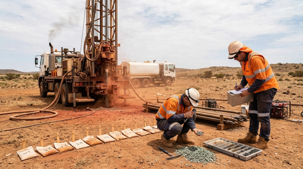 The image depicts an active RC drilling operation in a semi-arid landscape. A truck-mounted drilling rig is situated on the left, while two geologists in high-visibility gear examine geological samples laid out in a neat row, showcasing the methodical nature of fieldwork in mineral exploration.