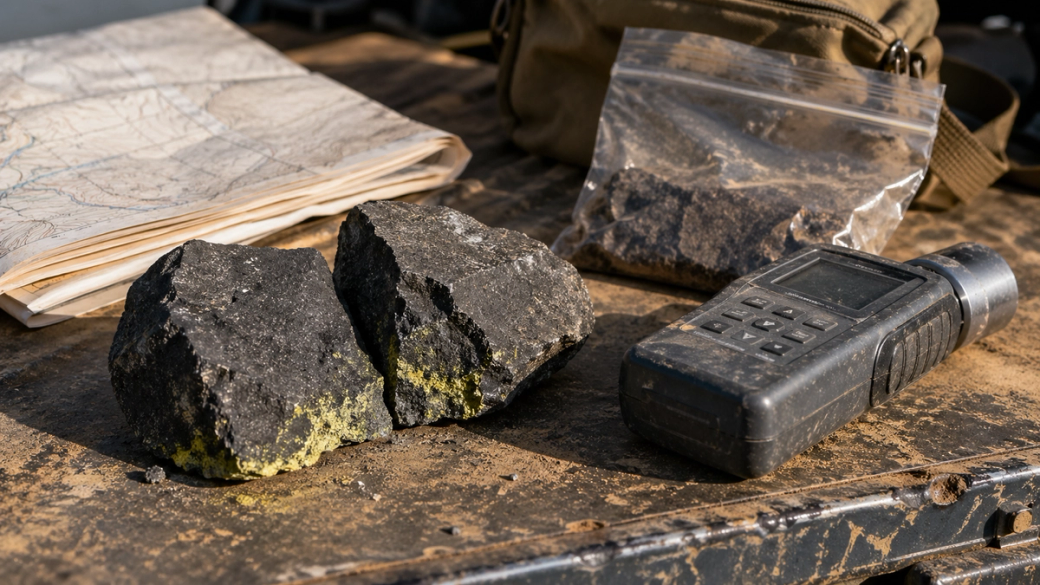 The image depicts a rugged outdoor scene featuring two large pieces of rock beside a handheld device used for geological surveying. A map is also visible in the background, suggesting a fieldwork setting focused on exploration.