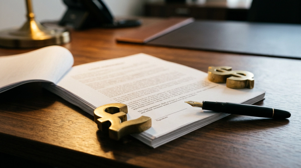 A close-up view of a desktop featuring a partially opened document, a fountain pen, and decorative pound sign paperweights. The warm wooden surface adds a professional touch to the scene, suggesting an office environment.