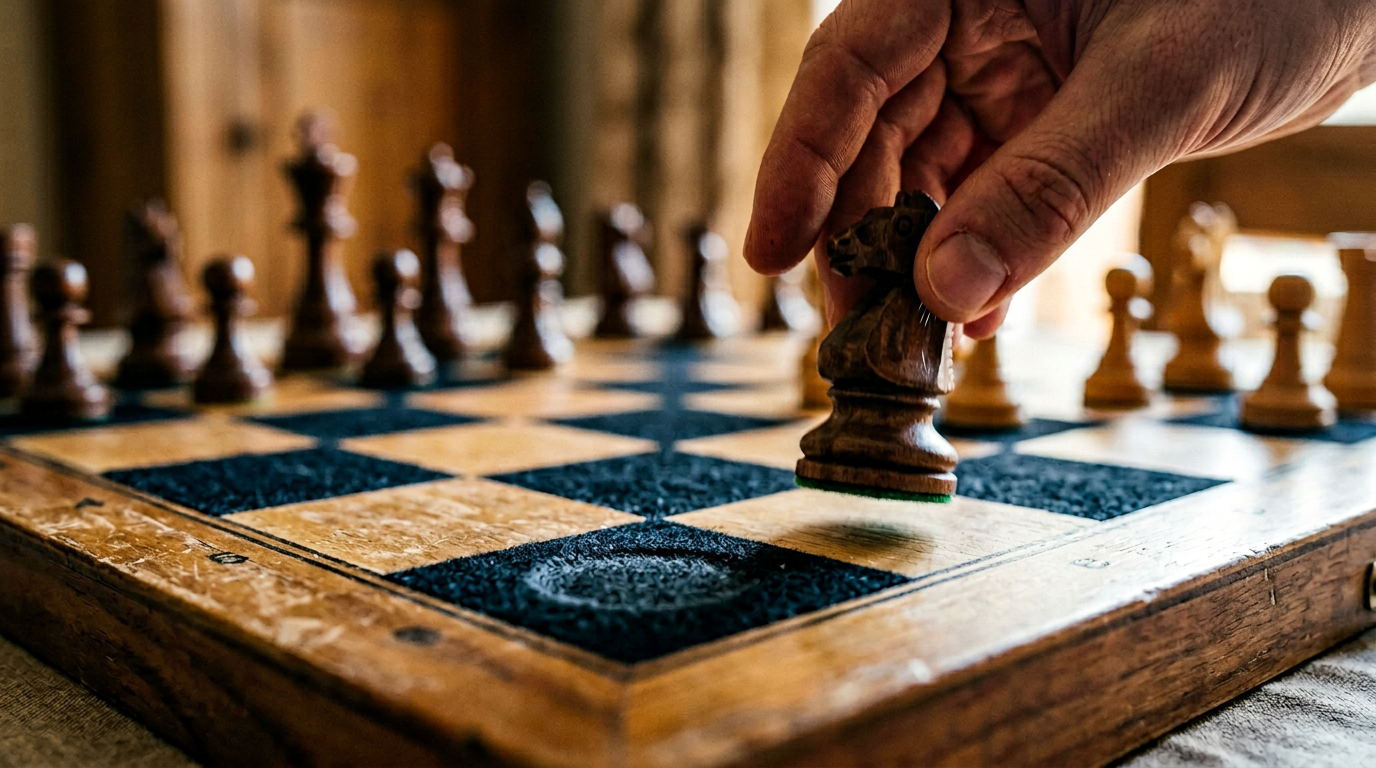 The image captures a chessboard from a low angle, focusing on an empty square with a faint impression in the felt where a chess piece once stood. A hand enters the frame to place a new piece, which is hovering slightly above the board, adding a sense of continuity to the ongoing game. The shallow depth of field emphasizes the dynamic moment of replacement amidst a backdrop of softly blurred chess pieces.