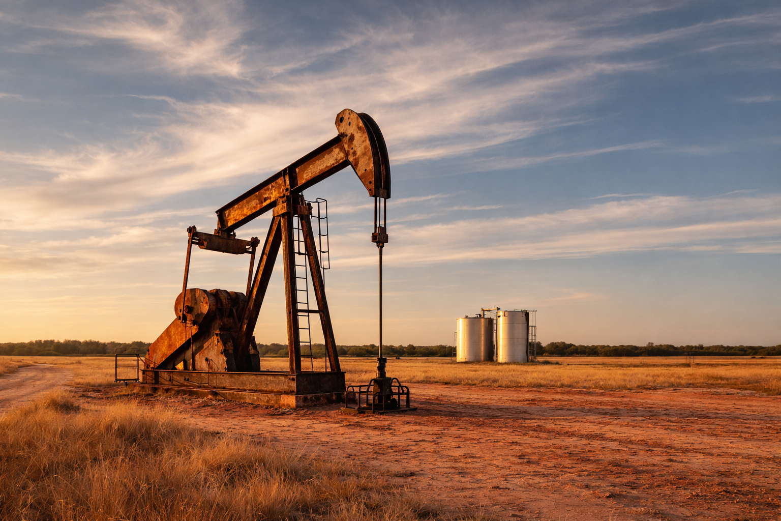 The image depicts an oil pump jack operating in a rural setting during sunset. In the background, there are several storage tanks visible against a clear sky.