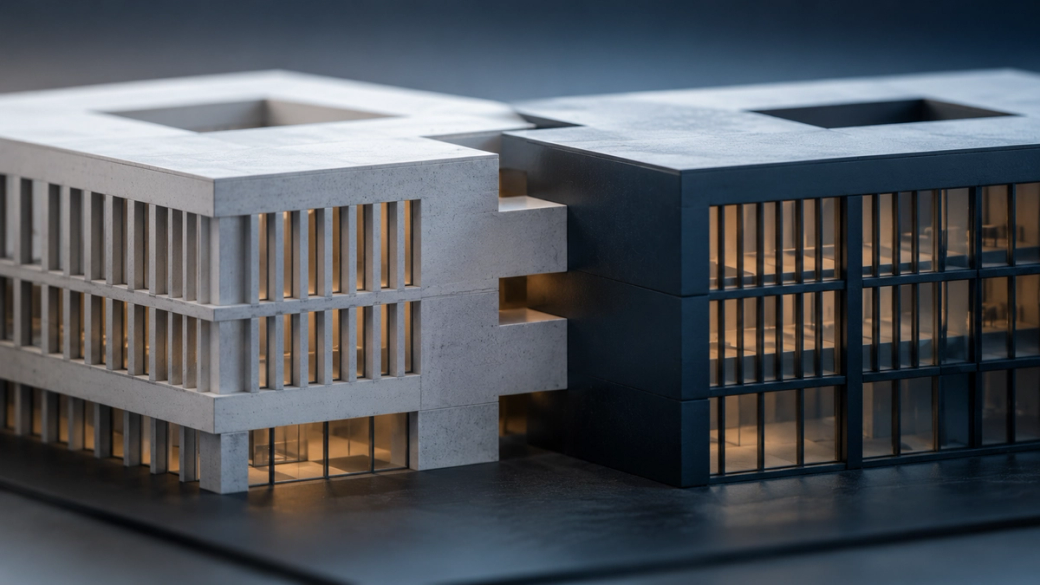 The image features a close-up view of a modern architectural model, showcasing two distinctively designed buildings with contrasting materials. The structures exhibit a combination of concrete and glass, emphasizing a sleek, contemporary aesthetic.