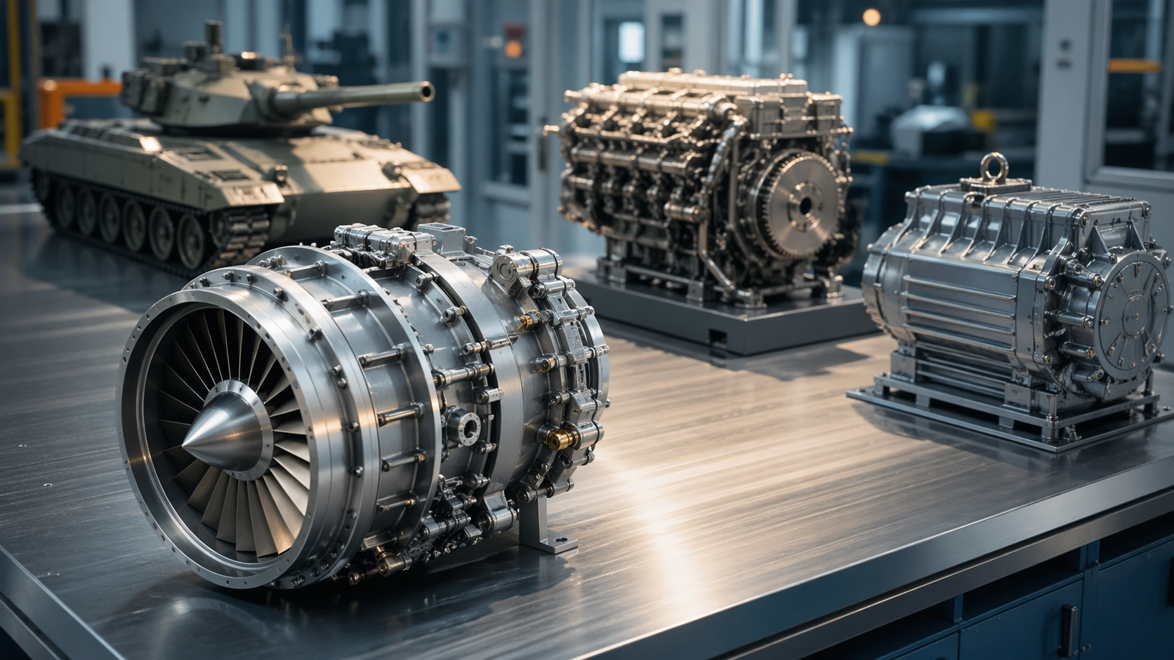 The image shows a modern workshop displaying various engine models, including a jet engine and a tank model in the background. The industrial setting emphasizes advancements in engineering and manufacturing.