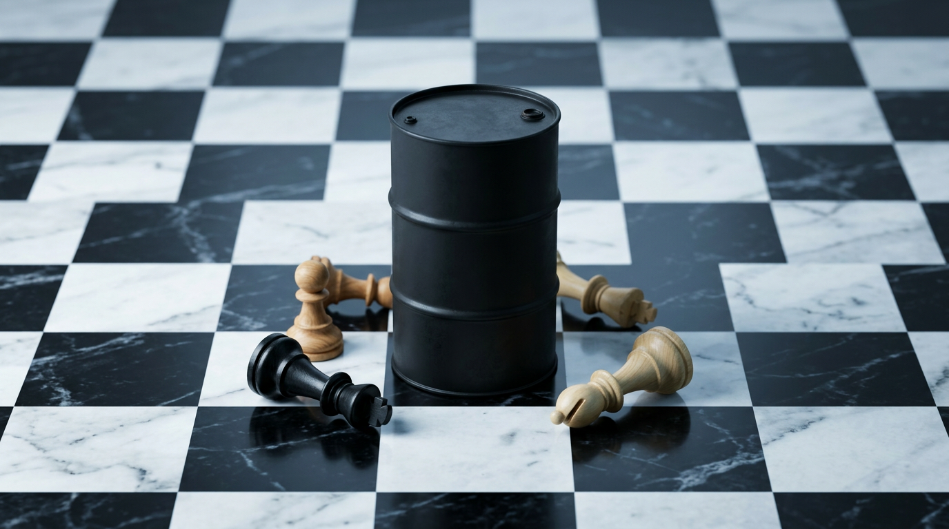 An oil drum stands prominently on a large black and white chessboard, symbolizing geopolitical strategy and the power of oil as a commodity. Scattered around the barrel are fallen chess pieces, including a toppled rook and a bishop, enhancing the metaphor of strategy and dominance in a stark, surreal setting.
