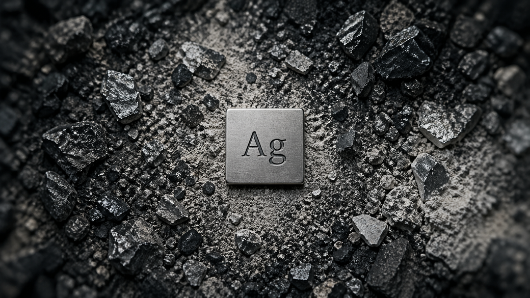 The image features a metallic square with the chemical symbol 'Ag' for silver, positioned atop a textured surface of dark rocks and dust. The background conveys an industrial feel with a focus on the element's representation.