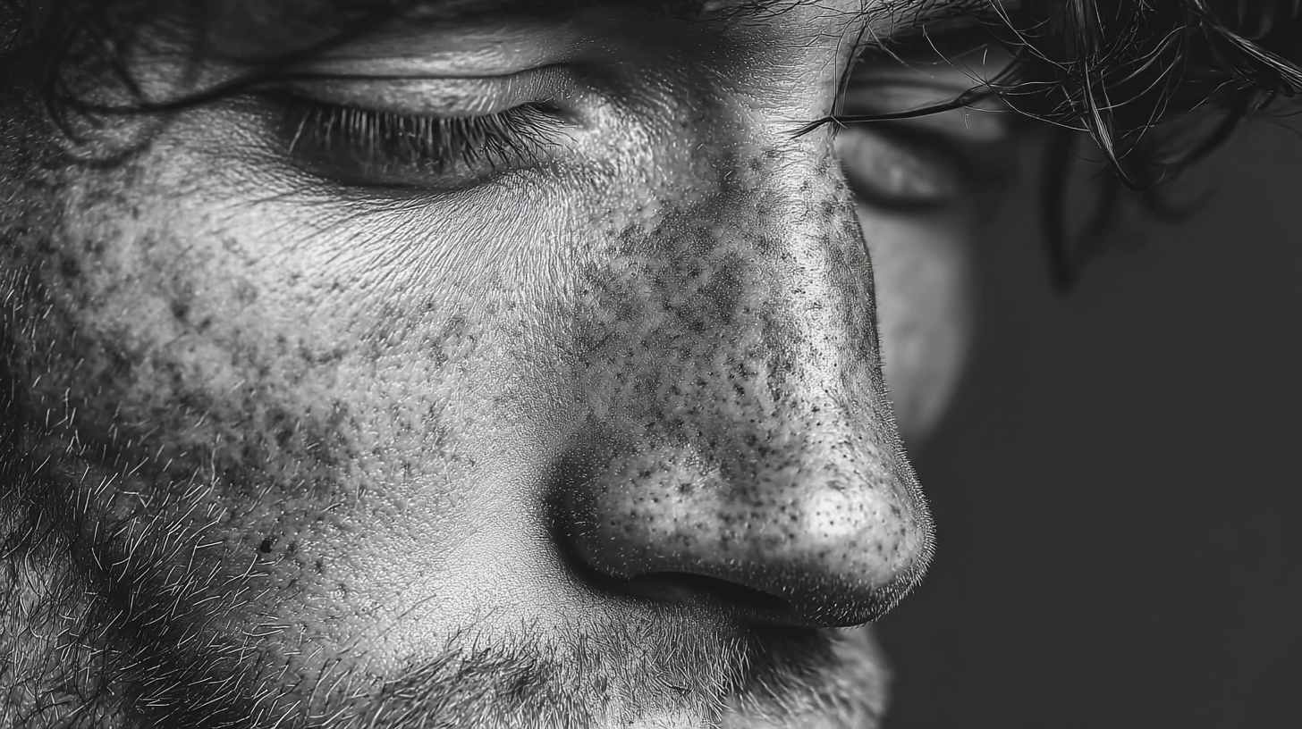 The image is a close-up portrait of a young man, highlighting his facial features and skin texture. It captures details such as freckles, facial hair, and the contours of his nose and cheek.