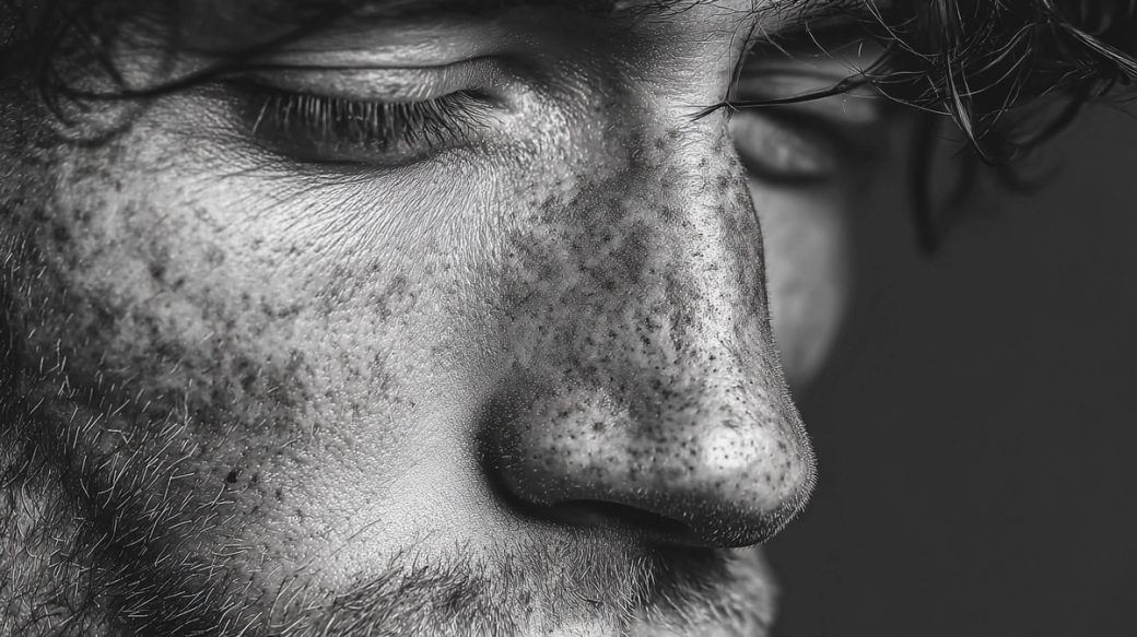The image is a close-up portrait of a young man, highlighting his facial features and skin texture. It captures details such as freckles, facial hair, and the contours of his nose and cheek.