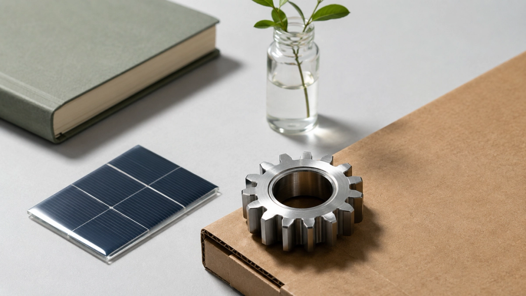 The image features an industrial gear placed next to a brown cardboard box, a small glass bottle with a plant inside, and a solar panel. This composition juxtaposes elements of manufacturing and sustainability.