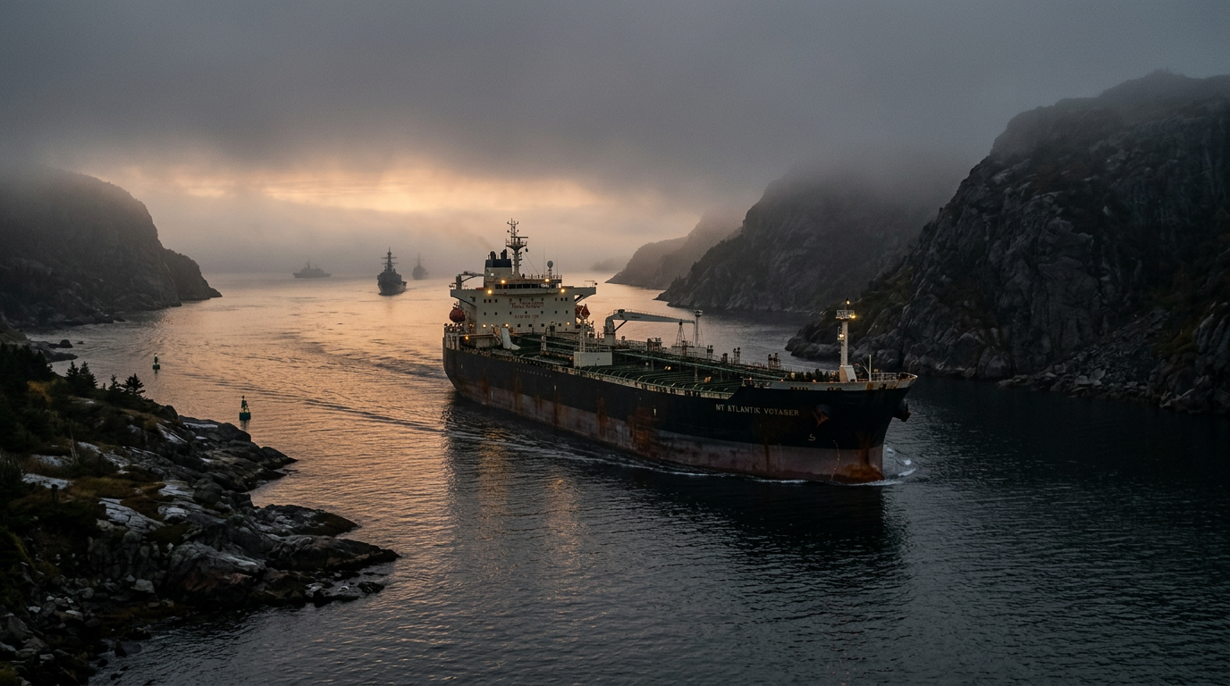 A large cargo ship navigates through a narrow waterway surrounded by rocky cliffs and fog. The scene captures the tranquility of early morning as the sun rises, illuminating the misty landscape.
