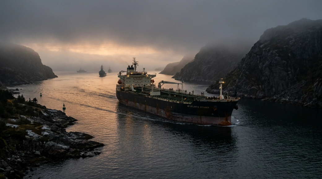 A large cargo ship navigates through a narrow waterway surrounded by rocky cliffs and fog. The scene captures the tranquility of early morning as the sun rises, illuminating the misty landscape.