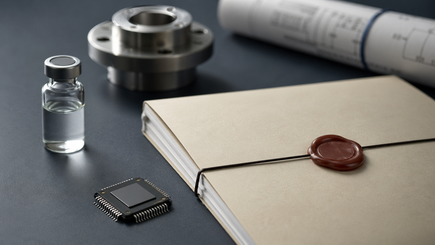 The image features a collection of items including a small vial, a chip, a folder tied with string, and a metal flange alongside architectural blueprints. This arrangement suggests a focus on engineering, technology, or scientific research.