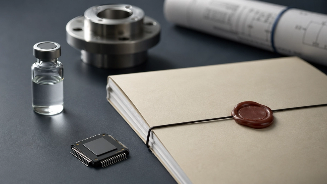 The image features a collection of items including a small vial, a chip, a folder tied with string, and a metal flange alongside architectural blueprints. This arrangement suggests a focus on engineering, technology, or scientific research.