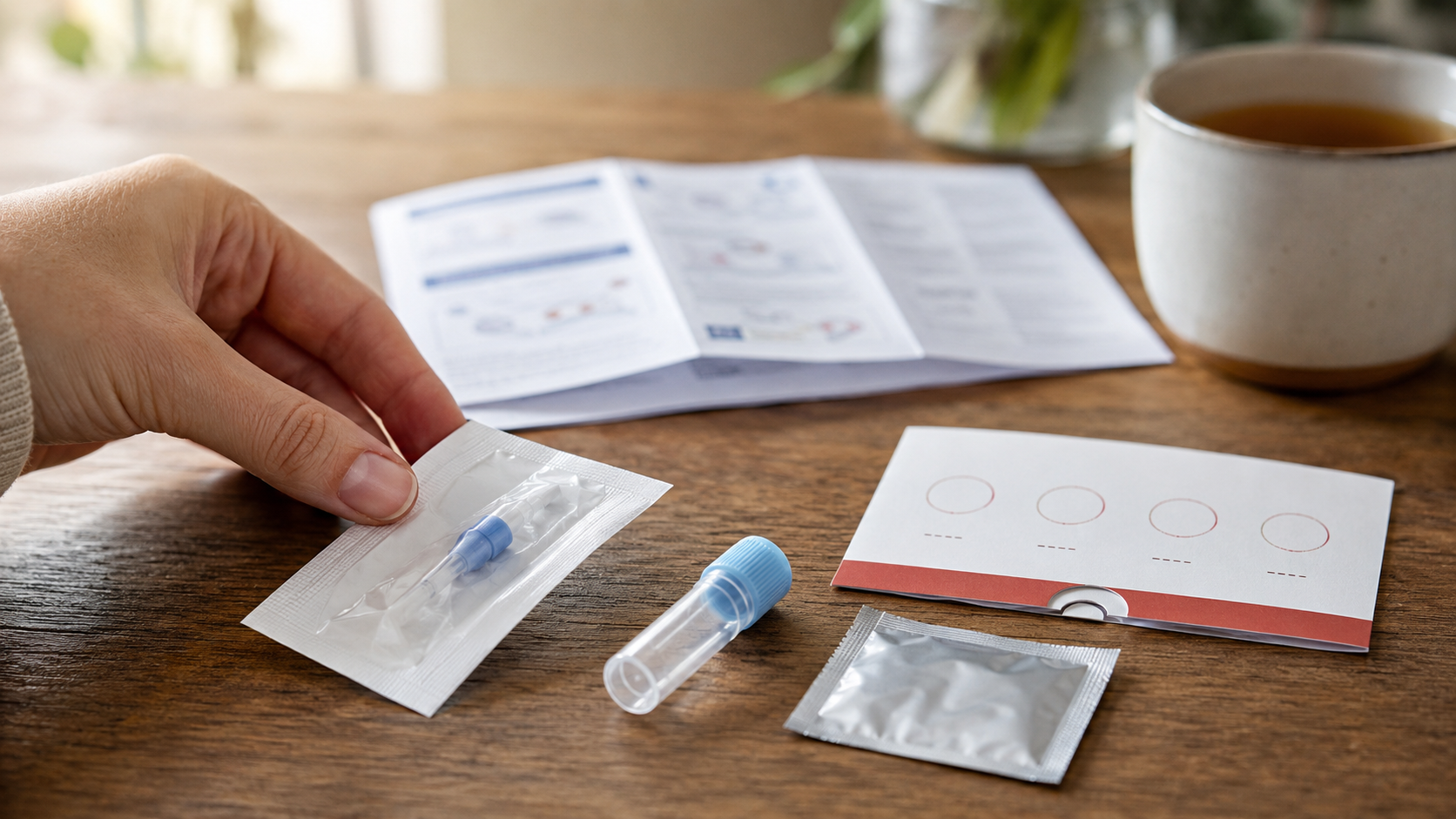 An individual is preparing to use a medical testing kit on a wooden table. The kit includes a sample collection tube and packaging, along with an instruction leaflet and a cup of tea in the background.