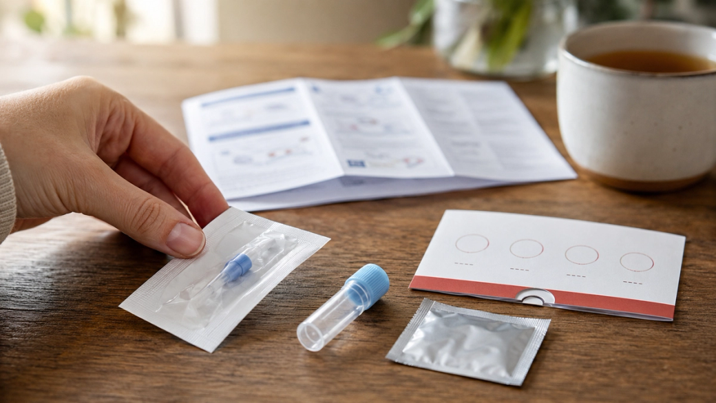 An individual is preparing to use a medical testing kit on a wooden table. The kit includes a sample collection tube and packaging, along with an instruction leaflet and a cup of tea in the background.