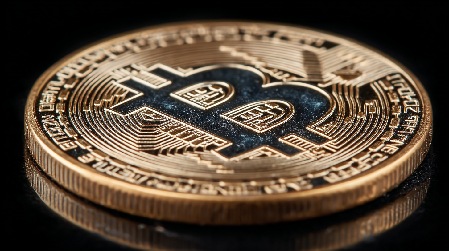 The image features a close-up view of a Bitcoin cryptocurrency coin, showcasing its intricate design and distinctive 'B' logo. The coin is presented against a dark, reflective surface, enhancing its details.