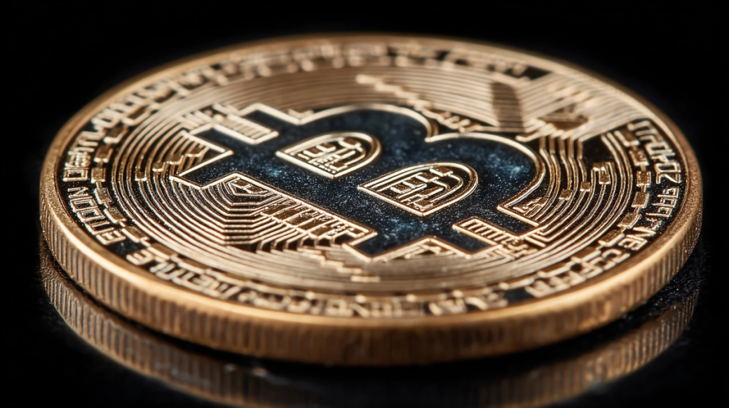 The image features a close-up view of a Bitcoin cryptocurrency coin, showcasing its intricate design and distinctive 'B' logo. The coin is presented against a dark, reflective surface, enhancing its details.