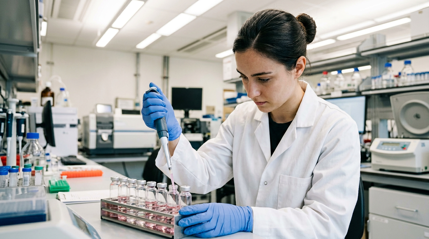A female scientist in a laboratory setting is carefully pipetting liquids from a multi-well plate into vials. The laboratory is equipped with scientific instruments and equipment, showcasing a professional research environment.
