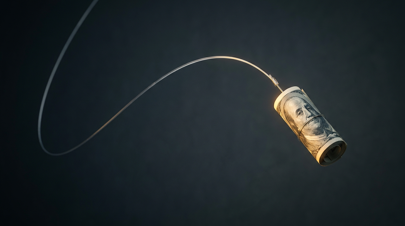 The image captures a fishing line elegantly arcing across a dark background, with a tightly rolled US hundred-dollar bill suspended at the apex of the curve. The bill reflects warm light, suggesting a moment of potential investment, symbolizing capital in motion towards an uncertain return.