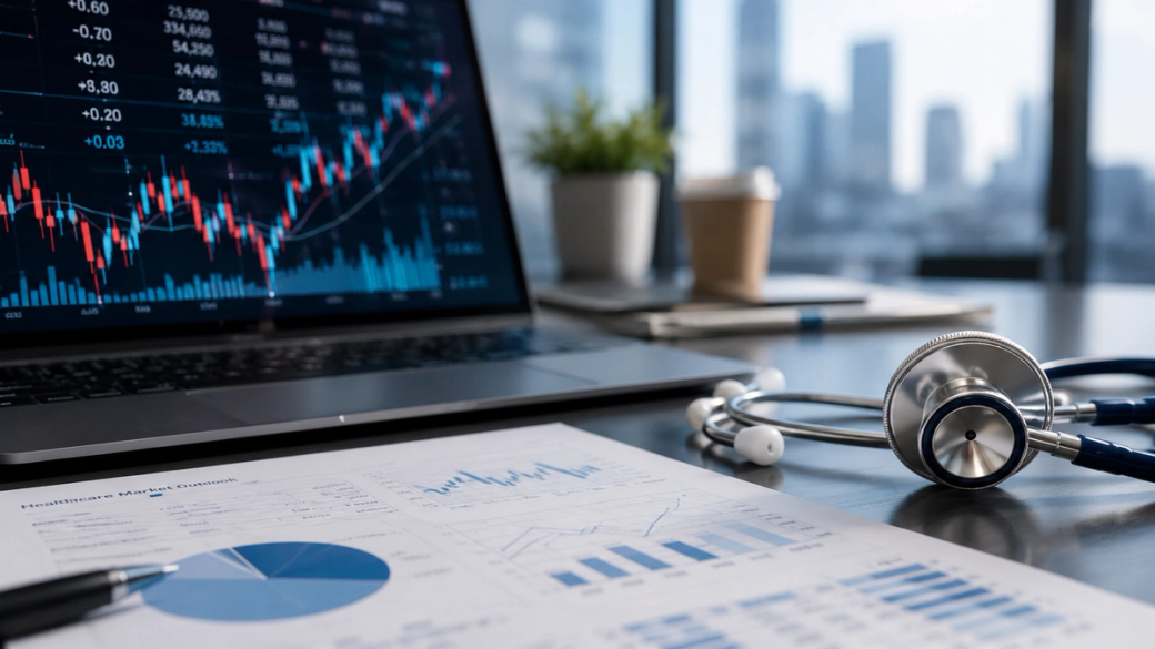 The image shows a laptop displaying stock market data alongside healthcare analytics documents and a stethoscope, indicating a connection between finance and healthcare. The background features a cityscape, enhancing the modern and professional setting.