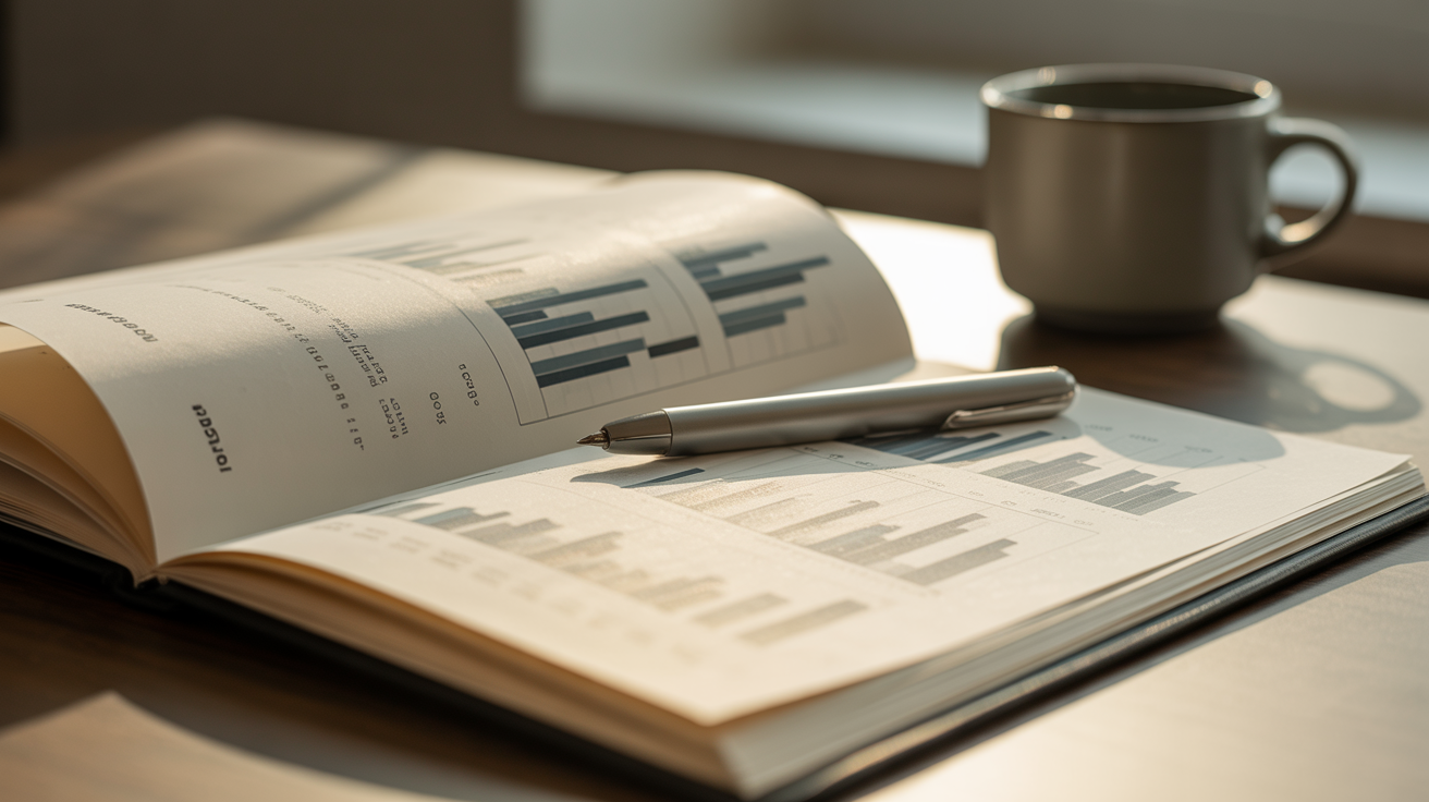 An open financial report lays on a table with bar graphs and data charts visible. A pen rests on the pages alongside a coffee cup, suggesting a moment of analysis or reflection.