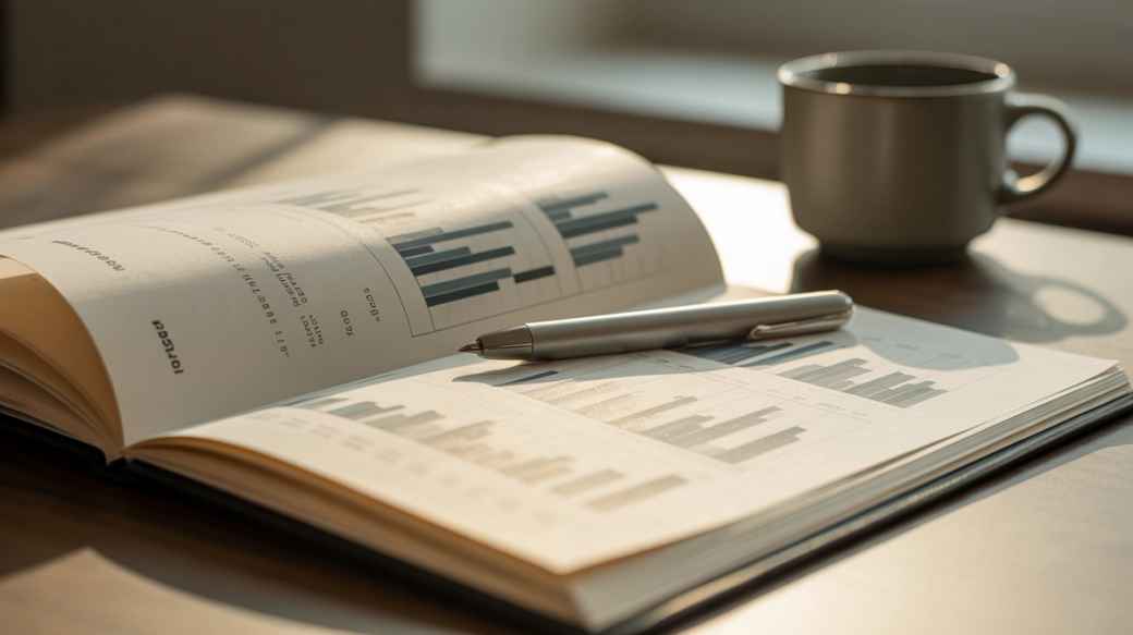 An open financial report lays on a table with bar graphs and data charts visible. A pen rests on the pages alongside a coffee cup, suggesting a moment of analysis or reflection.