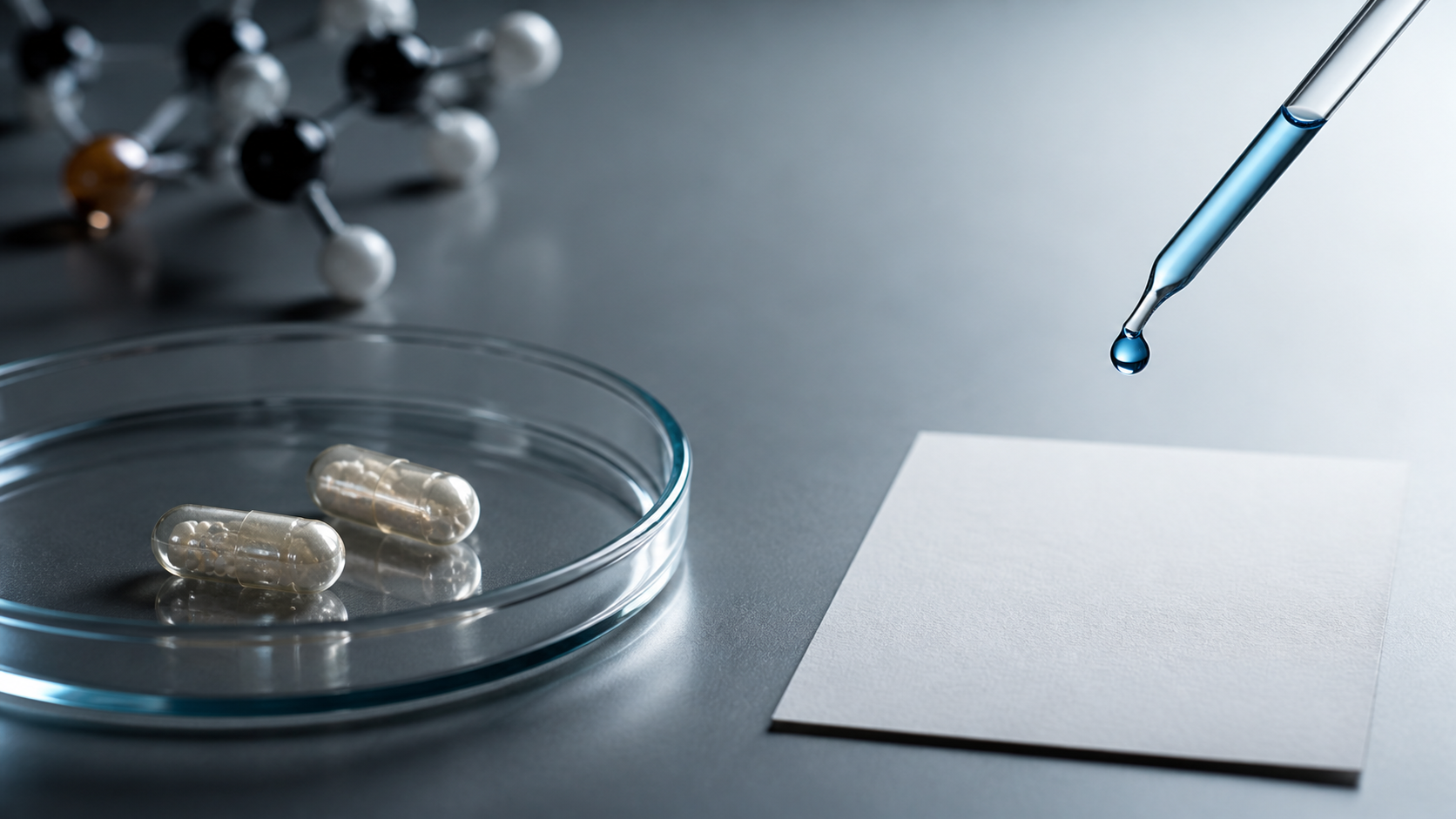 The image features a close-up view of two capsules in a glass dish, with a dropper poised to release a single drop of liquid onto a blank piece of paper. In the background, there is a molecular structure model, suggesting a focus on pharmaceuticals or scientific research.