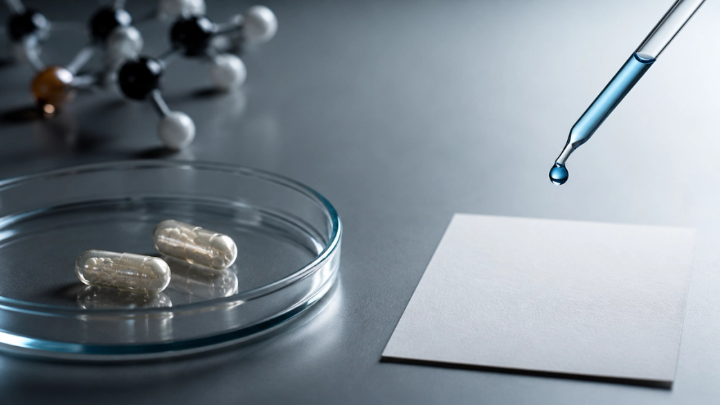The image features a close-up view of two capsules in a glass dish, with a dropper poised to release a single drop of liquid onto a blank piece of paper. In the background, there is a molecular structure model, suggesting a focus on pharmaceuticals or scientific research.