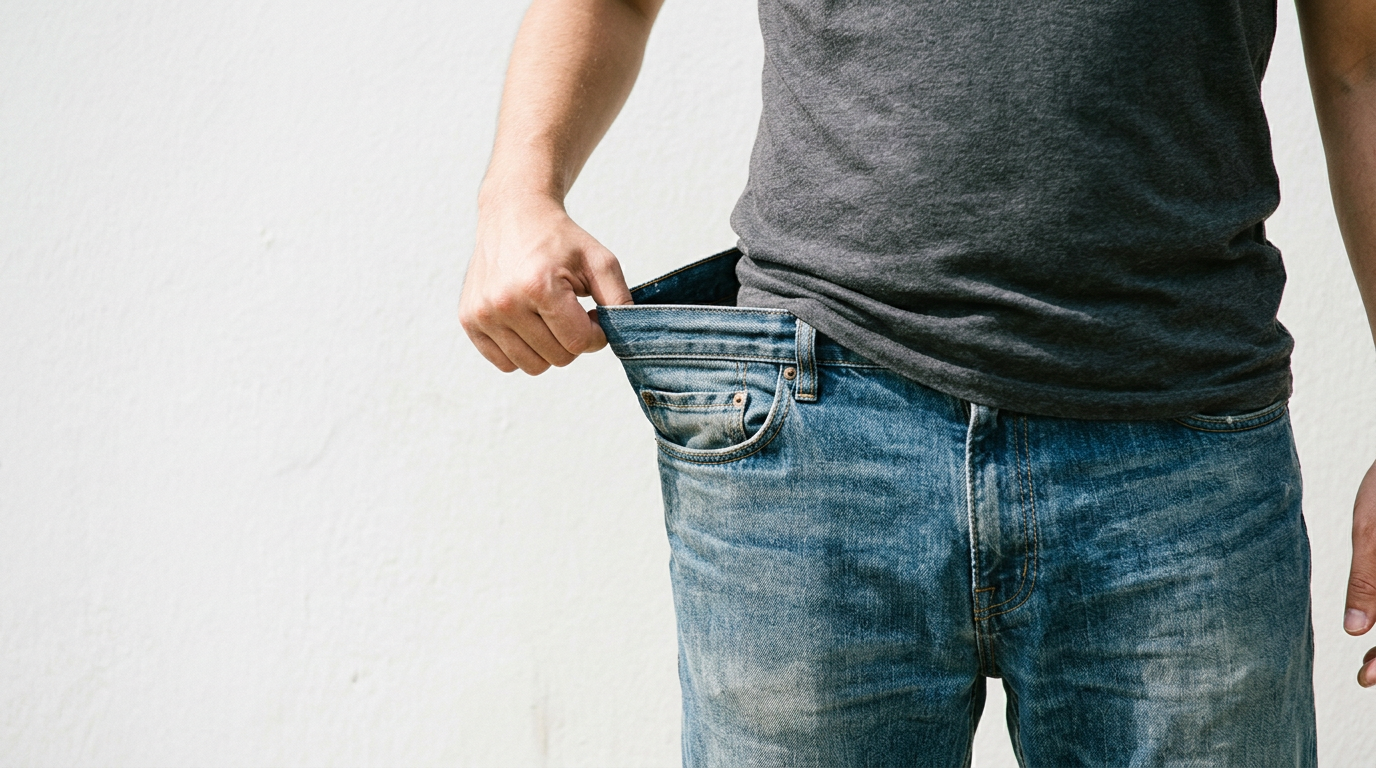 The image depicts a person holding out the waistband of their jeans away from their stomach, revealing a noticeable gap between the fabric and their body. The focus is on the jeans, which appear well-worn, and the casual gesture suggests a lighthearted acknowledgment of significant weight loss. The background is a plain white wall, emphasizing the subject.