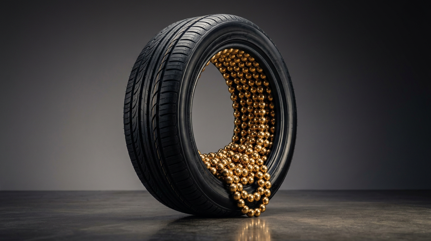 The image features a new car tyre standing upright on a polished concrete surface, showcasing its crisp tread pattern and glossy sidewall. Through the tyre's central void, a length of heavy brass ball chain is loosely coiled, appearing both as a decorative element and a symbol of restraint, with light reflecting off the brass spheres and creating a warm contrast against the matte black of the tyre.