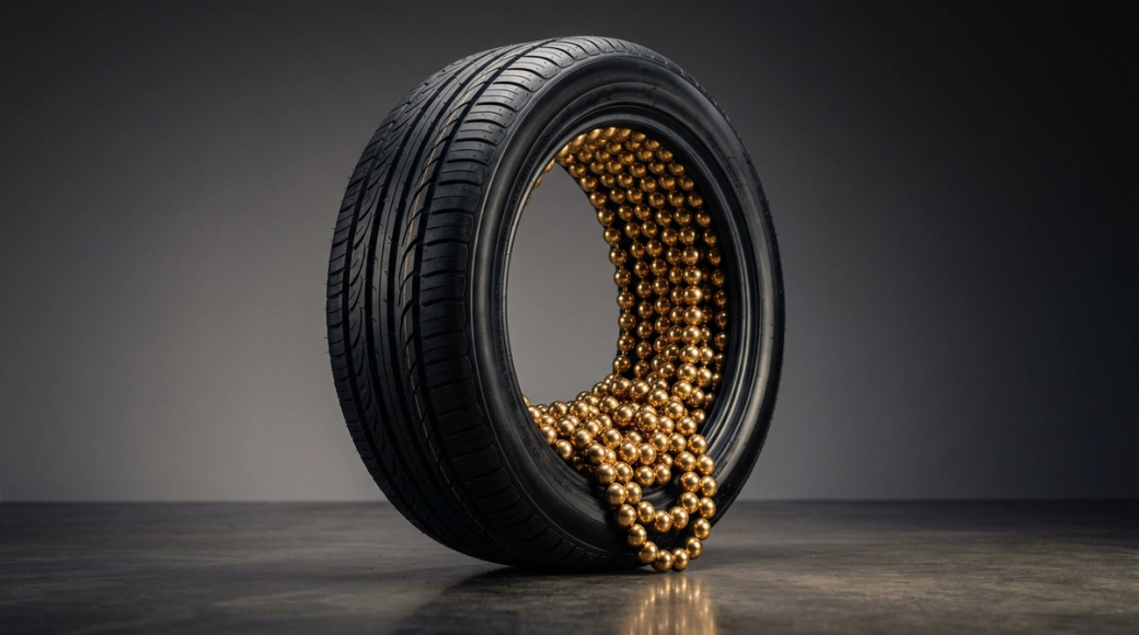 The image features a new car tyre standing upright on a polished concrete surface, showcasing its crisp tread pattern and glossy sidewall. Through the tyre's central void, a length of heavy brass ball chain is loosely coiled, appearing both as a decorative element and a symbol of restraint, with light reflecting off the brass spheres and creating a warm contrast against the matte black of the tyre.