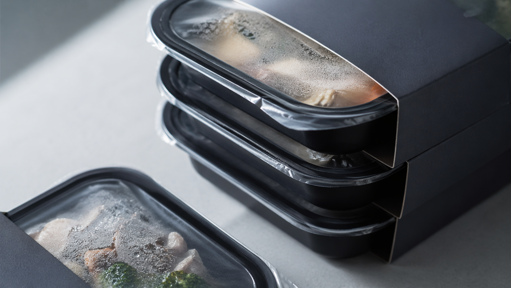 The image features several stacked black microwaveable meal boxes with transparent lids displaying their contents, including vegetables and proteins. The setting appears to be a clean, modern kitchen countertop.