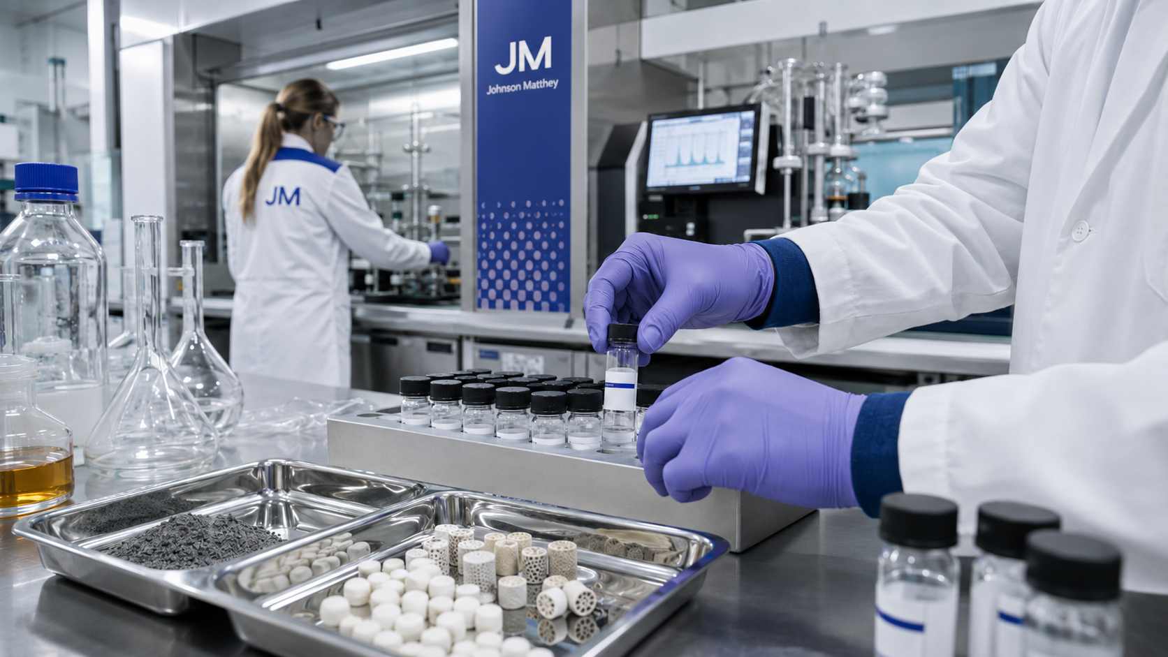 The image shows a laboratory setting where a technician in a white lab coat is handling vials of substances. In the background, another technician is seen working on laboratory equipment, indicating a collaborative research environment.