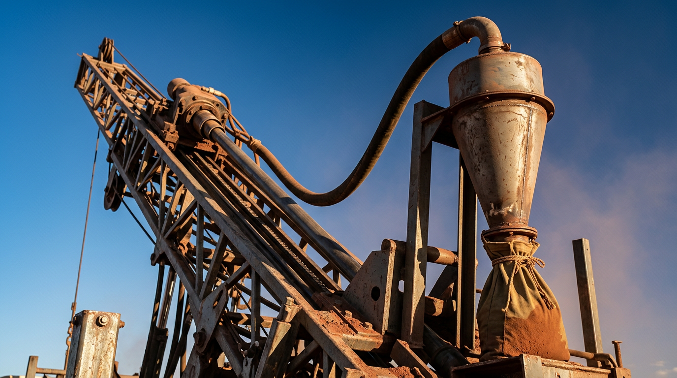 The image showcases a low-angle view of an RC drill rig's top section, highlighting the drill mast and a cyclone sample separator. The rig is silhouetted against a vibrant blue sky, with dust particles illuminated in the late afternoon sun, emphasizing the industrial context and mechanical authority of the equipment.