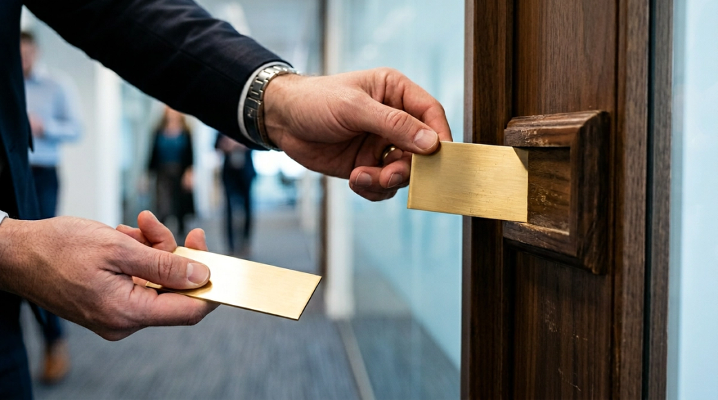 The image captures a close-up of a hand replacing a brass nameplate on a boardroom door, with the plate partially removed, glimmering in corridor light. Another nameplate rests in the palm of the opposite hand, indicating a transition of identity within a corporate environment. The warm brass contrasts with the dark walnut bracket and a cool, blurred corridor backdrop.