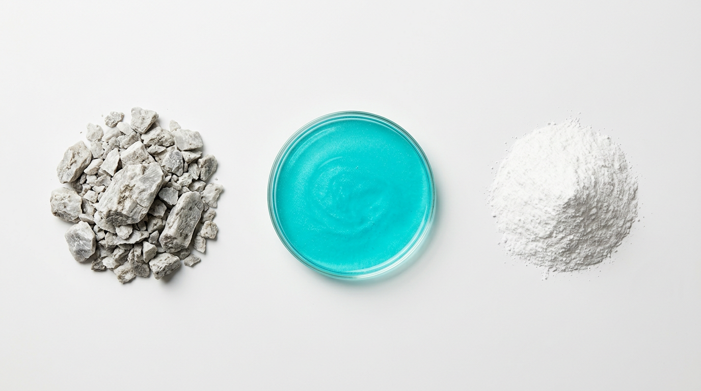 The image features three distinct materials arranged in a horizontal sequence on a clean white surface. On the left, pale grey spodumene ore fragments are displayed, transitioning to a turquoise brine in a glass petri dish at the center, and concluding with a fine white lithium carbonate powder on the right. This composition visually conveys the lithium value chain from extraction to refinement.