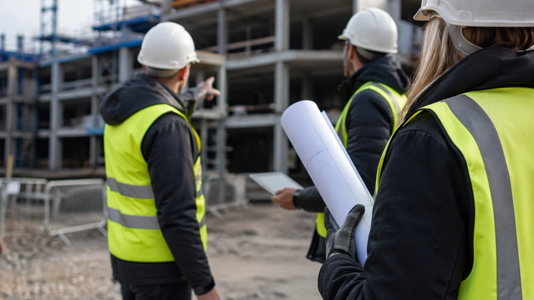 The image shows a group of construction workers in reflective vests and hard hats, observing a building site. One worker points towards the construction, while another holds a set of blueprints and a tablet.