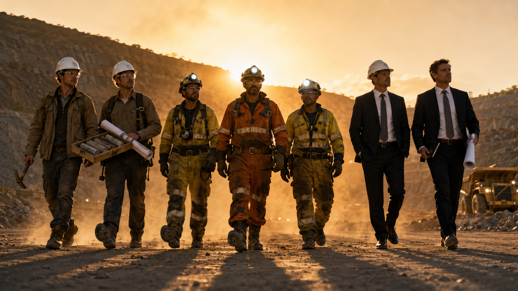 The image depicts a group of six individuals walking together in a mining environment at sunset. The group includes both workers in safety gear and professionals in suits, indicating collaboration between different roles in the mining sector.