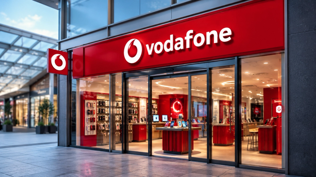 The image shows a Vodafone retail store located in a modern shopping mall. The storefront features large windows and a prominent red signage with the Vodafone logo.