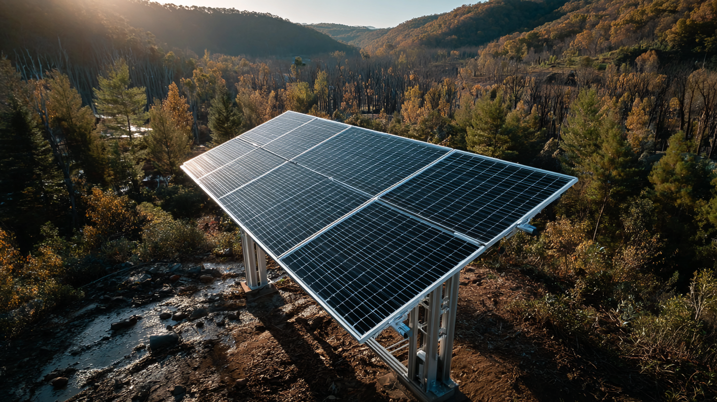 This image showcases a solar panel array situated on elevated support structures amidst a mountainous landscape. The backdrop features a mix of greenery and autumn foliage, reflecting a natural setting that emphasizes renewable energy.
