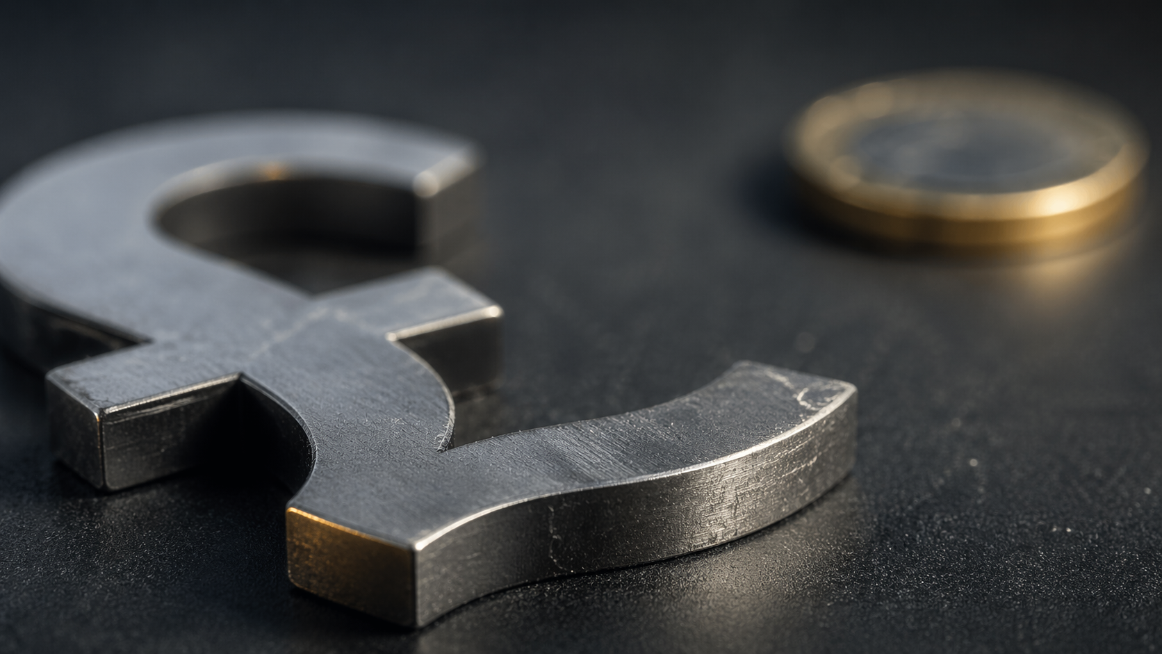 The image features a close-up of a metallic pound sterling symbol alongside a gold-colored coin. The focus on the currency emblem emphasizes themes of finance and economy.