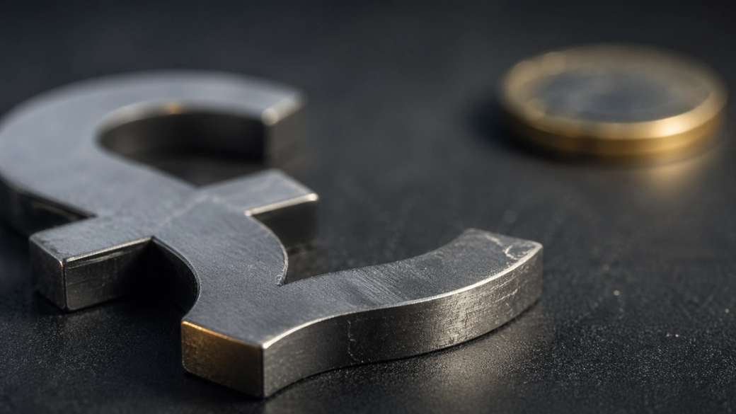 The image features a close-up of a metallic pound sterling symbol alongside a gold-colored coin. The focus on the currency emblem emphasizes themes of finance and economy.