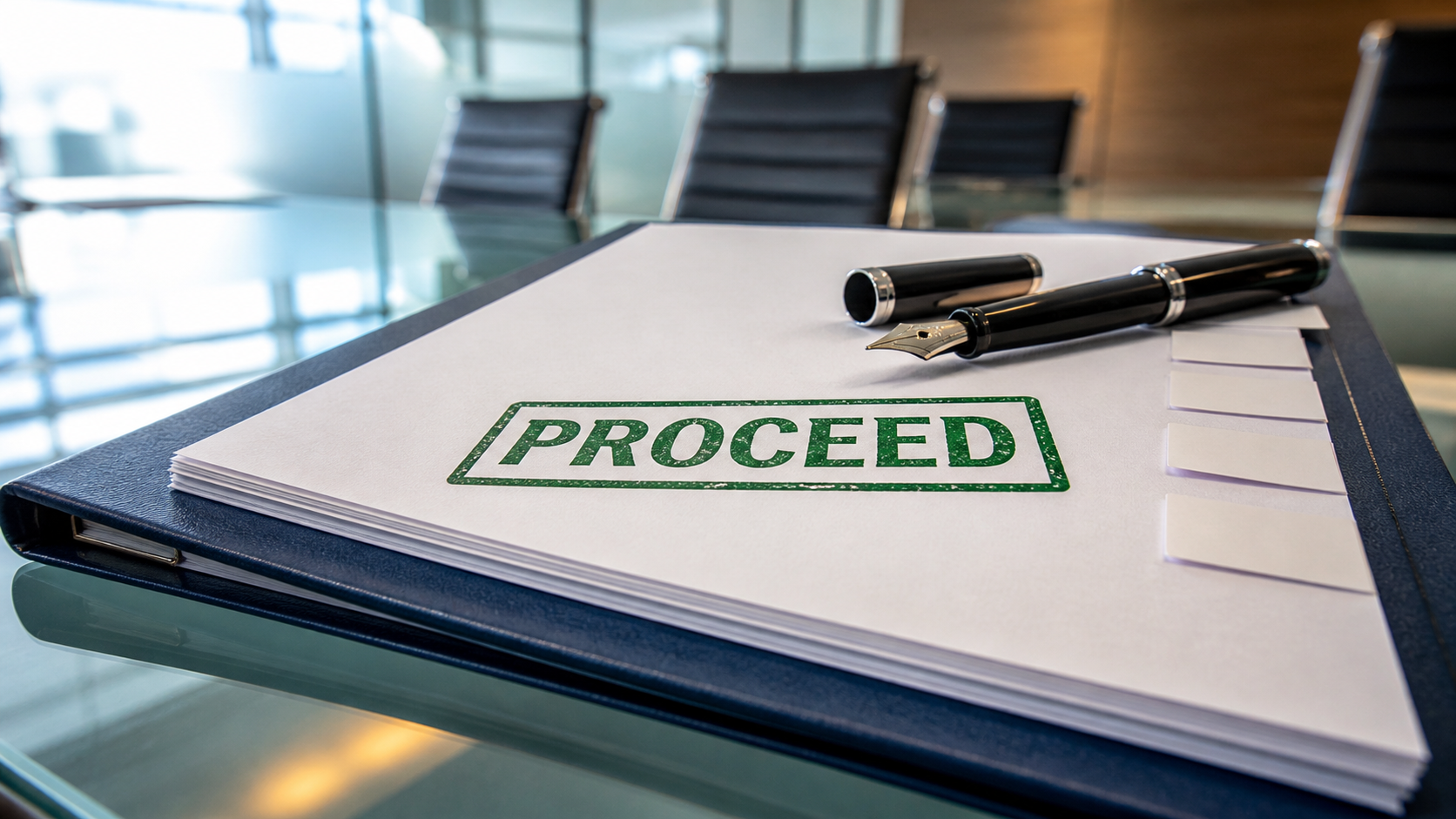 The image features a close-up view of a desk with a blue folder containing a document that reads 'PROCEED'. Next to the folder, there is a black pen and a silver fountain pen placed on a glass table. The background suggests a modern office environment.