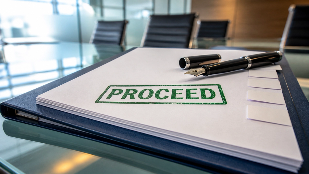 The image features a close-up view of a desk with a blue folder containing a document that reads 'PROCEED'. Next to the folder, there is a black pen and a silver fountain pen placed on a glass table. The background suggests a modern office environment.