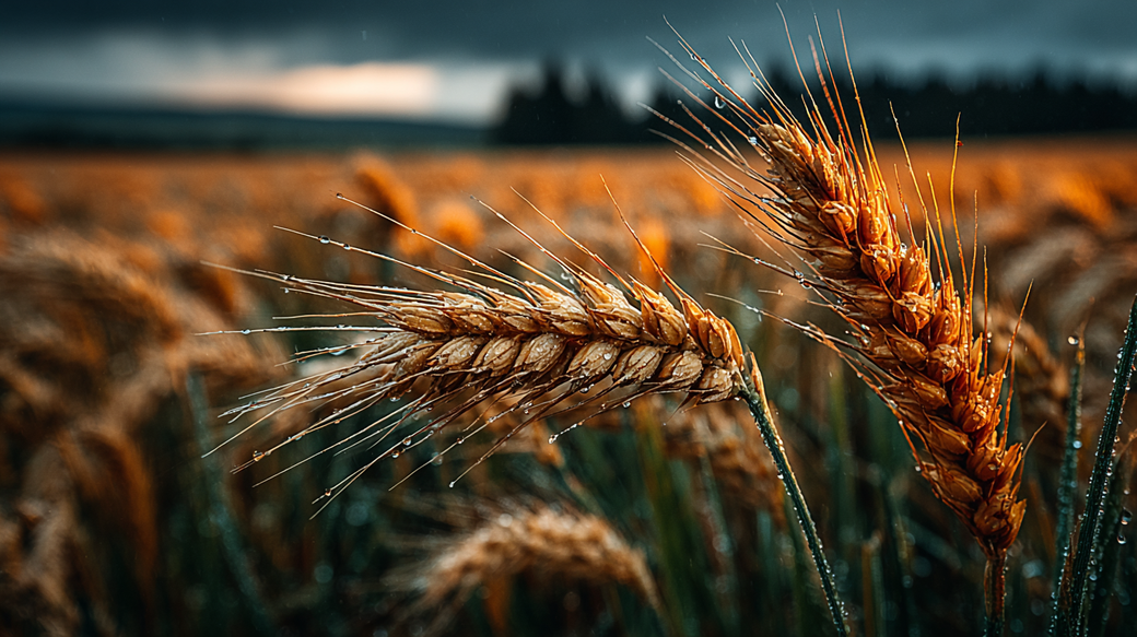 The image features close-up shots of wheat stalks, glistening with droplets of water. The background displays a vast field under a moody sky, capturing the essence of an agricultural landscape.
