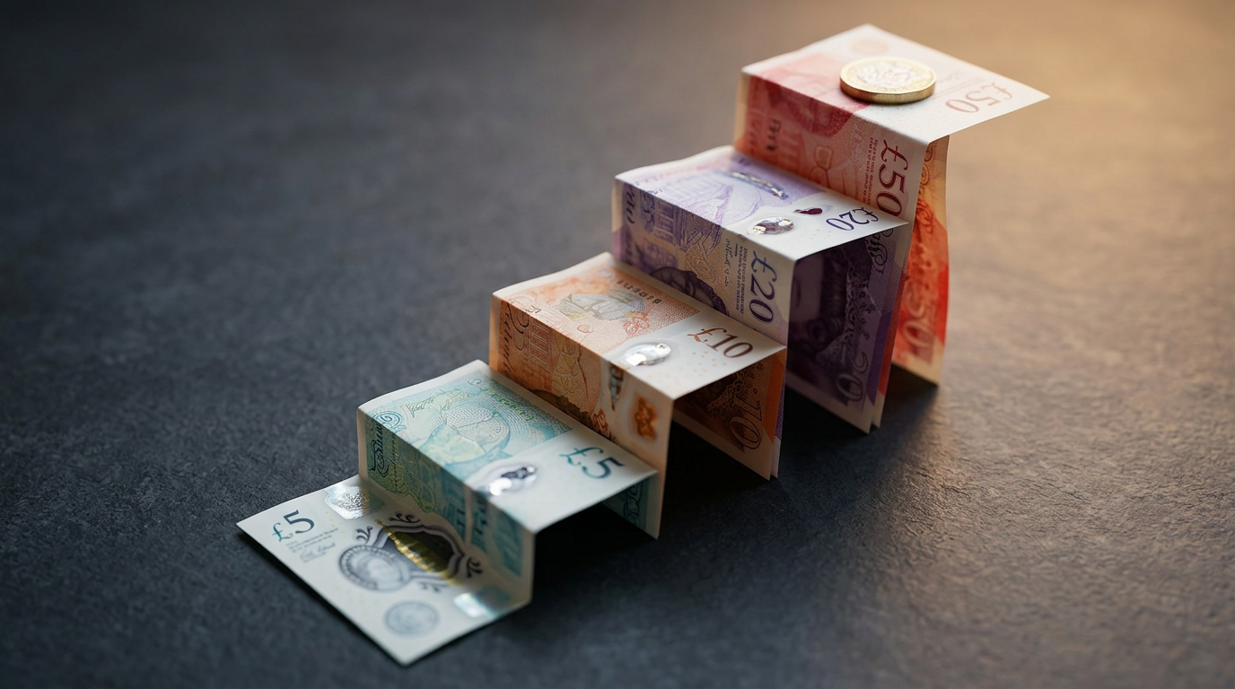 The image presents a carefully arranged staircase made from folded polymer banknotes of varying denominations — five, ten, twenty, and fifty — placed on a dark surface. The gradient of colors progresses from a pale blue-green at the base to a warm red at the summit, symbolizing incremental investment. A single pound coin rests on the topmost step, emphasizing the theme of capital building.