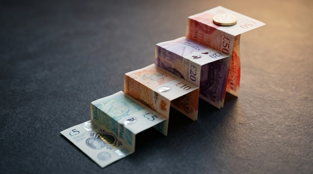 The image presents a carefully arranged staircase made from folded polymer banknotes of varying denominations — five, ten, twenty, and fifty — placed on a dark surface. The gradient of colors progresses from a pale blue-green at the base to a warm red at the summit, symbolizing incremental investment. A single pound coin rests on the topmost step, emphasizing the theme of capital building.